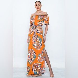 Flying Tomato Bright Orange Off-Shoulder Tropical Leaf Maxi Dress
